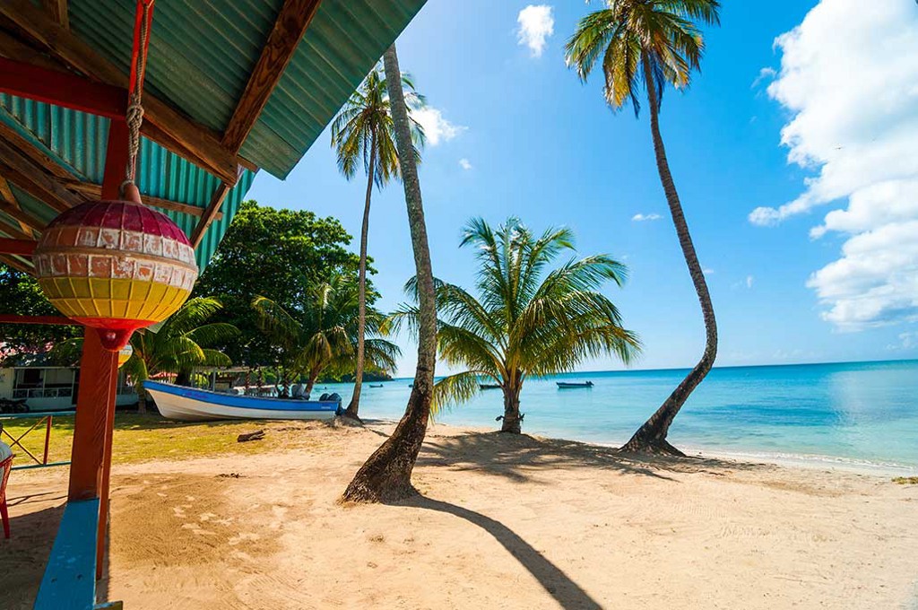 Destinations Worth Dreaming Image: A beach scene shows a boat docked in the sand; a section of a cabana; palm trees, and blue skies overlooking serene bright blue water.