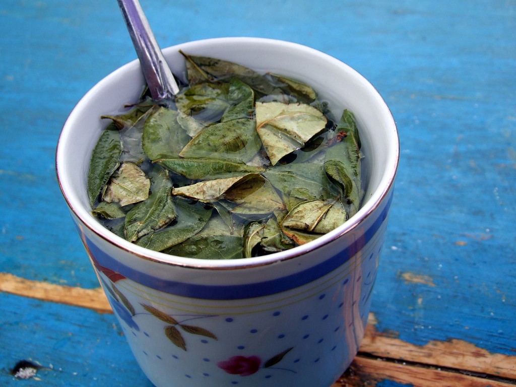 Visit Peru Image: The Peru food tour closes with a cup of coca tea still has the leaves steeping in its cup, and a spoon is sticking out. The cup sits on a table with fading blue paint.