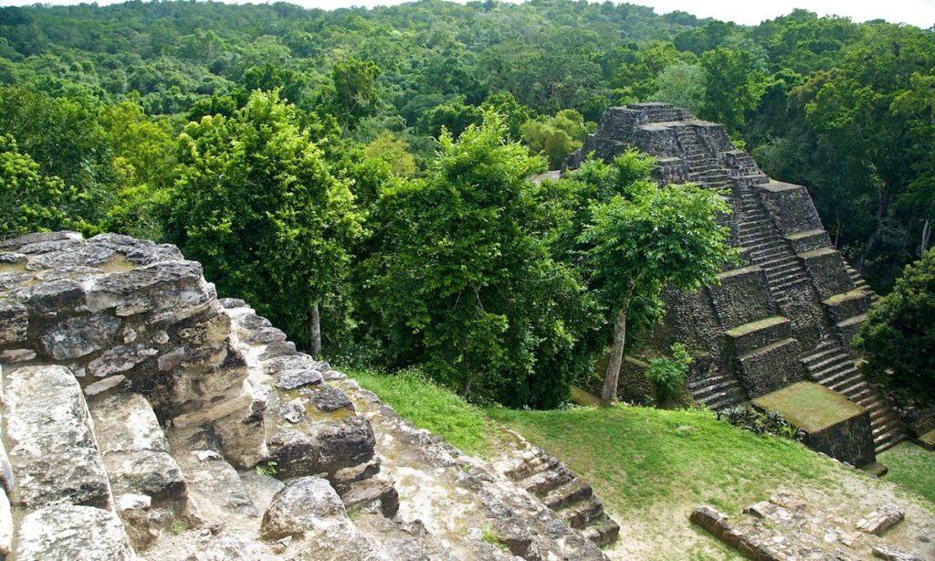 Mayan Image: A partial aerial view shows Mayan ruins emerging from a rainforest.