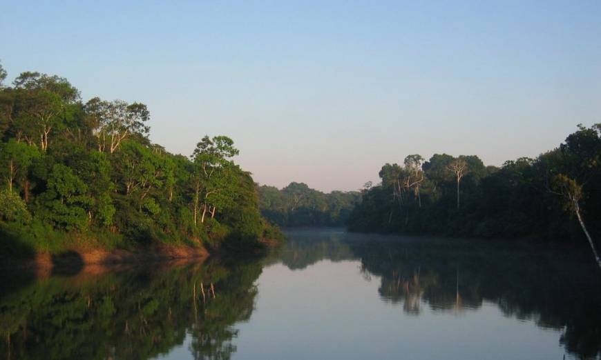 Peru Amazon: The wide tree-lined river flows through the jungle.