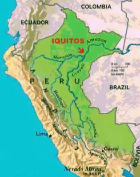Peruvian Amazon Image: A drawn map of Peru depicts the Peruvian Amazon Rainforest in shades of green.