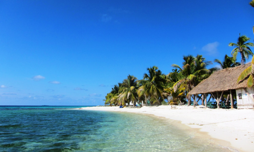 Central America Islands Image: Crystal waters lap a white sand shore lined with palm trees and beach stations.