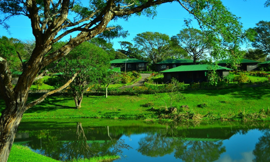 Environmentally Sustainable Travel Image: A view of Buena Vista Lodges shows trees, a manicured lawn, a pond, and one of the lodge's buildings.
