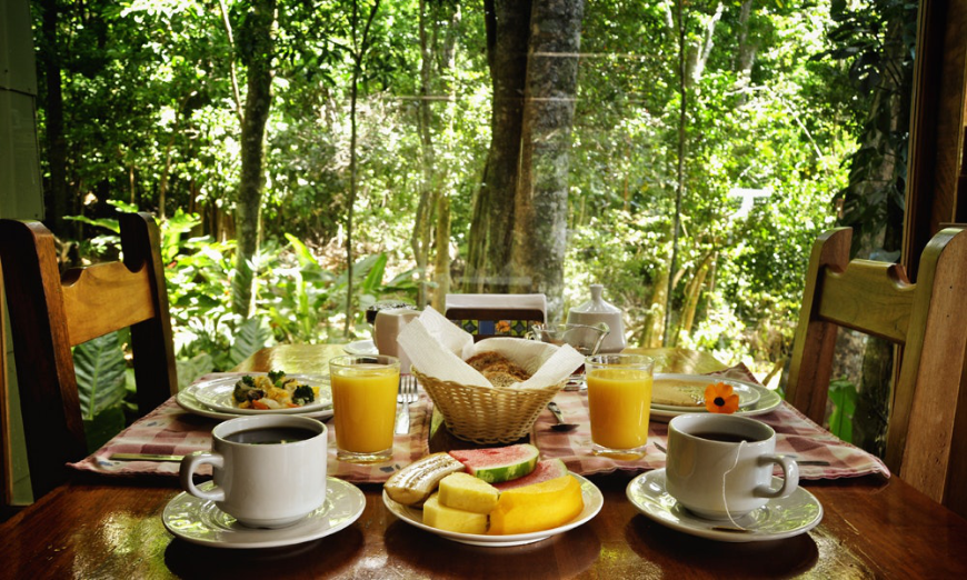 Green Season Image: A breakfast of fruit, juice, coffee, and rolls at Cala Lodge.
