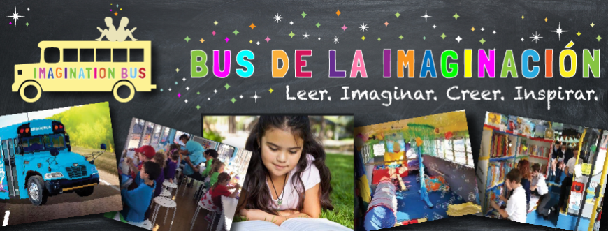Imagination Bus Image: A collage of children reading, and enjoying activities on a renovated school bus.