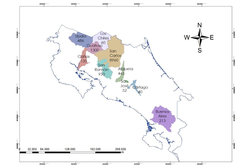 Offset Travel Carbon Footprint Image: A map showing different colored regions and the number of trees planted in them.
