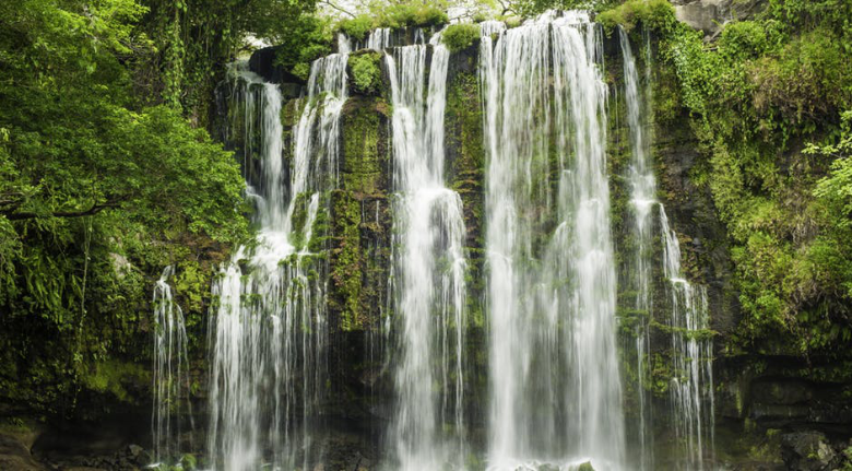 Offset Travel Carbon Footprint Image: A waterfall cascades over rocks and greenery.