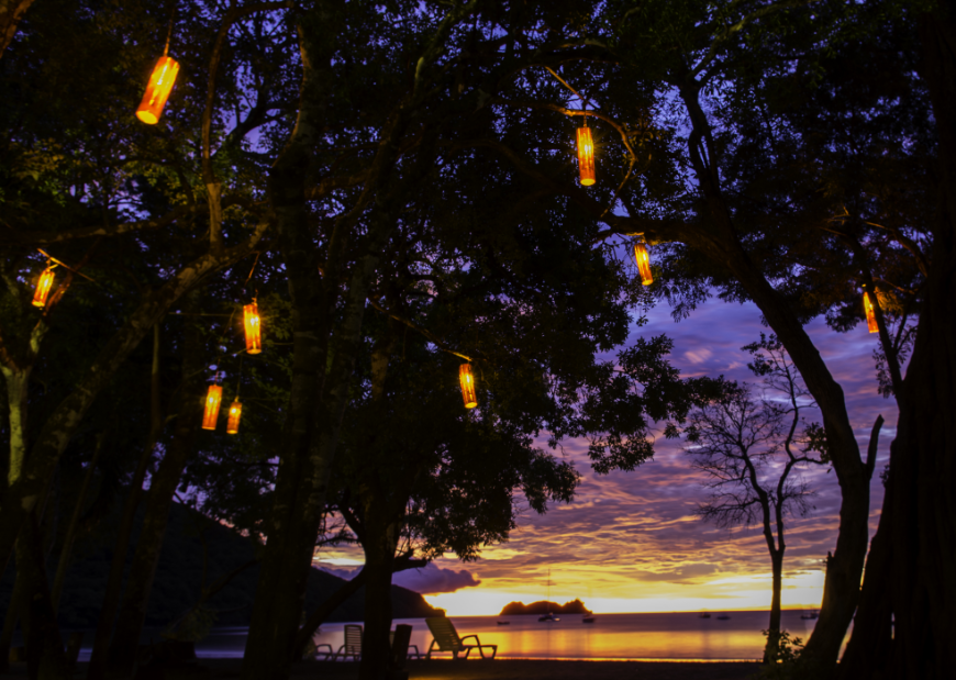 Pacific and Caribbean Costa Rica Image: Lanterns in the trees of Playa Hermosa at night.