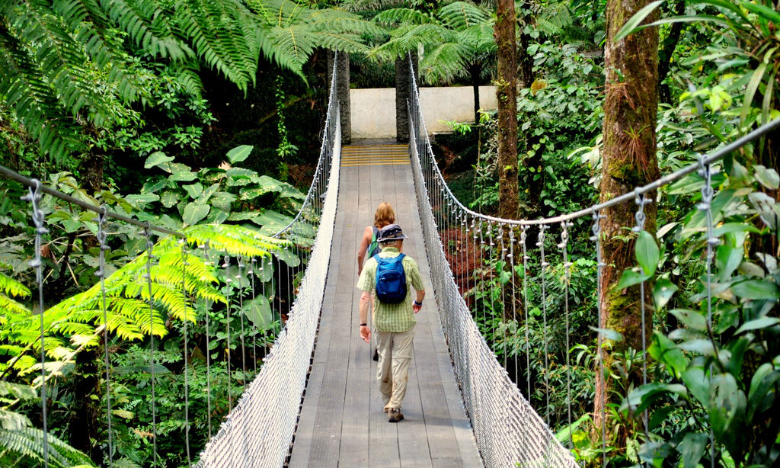 Is It Safe to Travel in Costa Rica Image: Two travelers walk across a jungle suspension bridge.